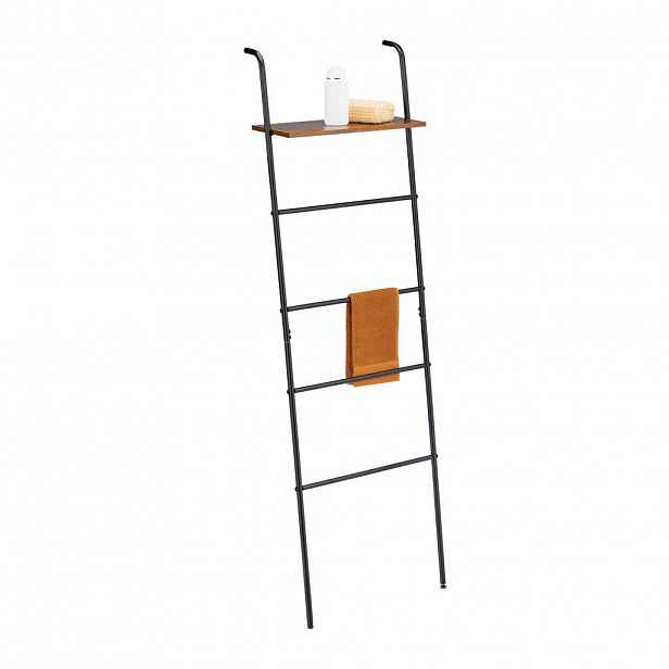 Relaxdays ŽEBŘÍK NA RUČNÍKY Černá Hnědá s policí 4 příčky ocel MDF 150 cm