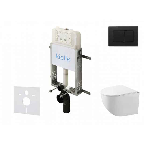 kielle Genesis New - Set předstěnové instalace, kompaktního klozetu Gaia, Rimless, sedátka softclose a tlačítka Gemini New III, matná černá 30528SZ90