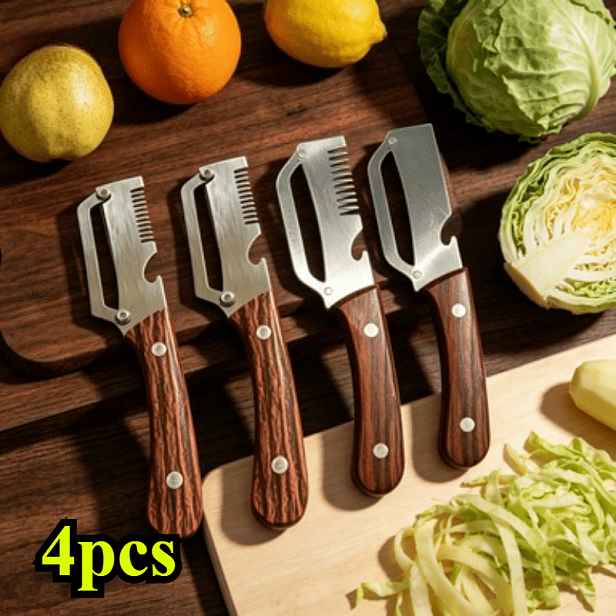 TEMU 4ks Prémiových Kovaných Loupaček, Sada 4ks (3 s Vroubkovanými Hranami + 1 Bez Vroubkované Hrany), Ergonomická Rukojeť s Dřevěnou Texturou,