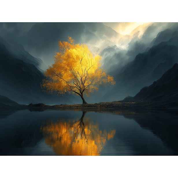 Obraz Na Plátně Canvas Zlaté Horské Dřevo Jezero Mlha Odraz 80 x 60