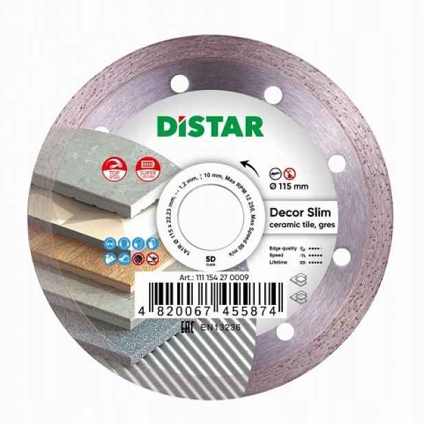 Diamantový kotouč Distar Decor Slim pro řezání slinuté dlažby o průměru 115 mm