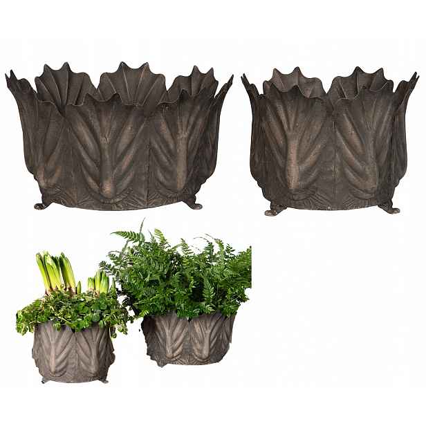 Květináč Listy 28 cm velký kovový šedý kulatý loft obal na květináč květináč 2 ks