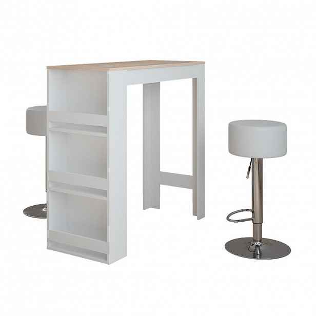 Vicco STOJACÍ BAROVÝ STŮL SE ŽIDLEMI Repose Bílá/Sonoma 45 x 110 cm se 2 barovými stoličkami