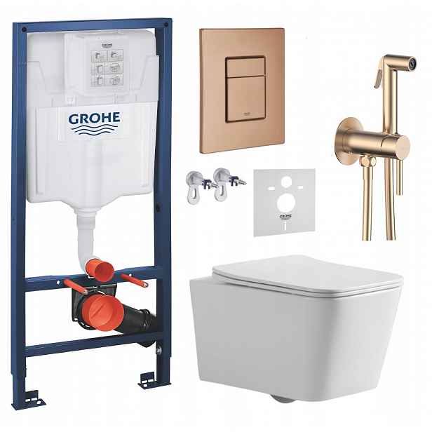 Podomítkový Wc set Grohe s mísou Bilovec a tlačítkem měď, baterie měď