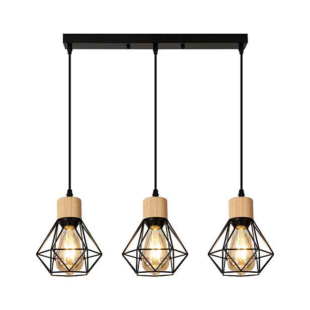 Závěsné svítidlo 3-bodové lustr E27 dřevo černá loft 66 cm Comely