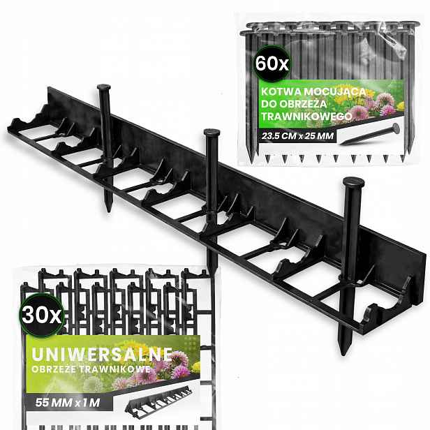 Trávníkový Lem 30 m 55 mm Border Palisáda 60 x Upevňovací Kotvy 25 cm Us-t