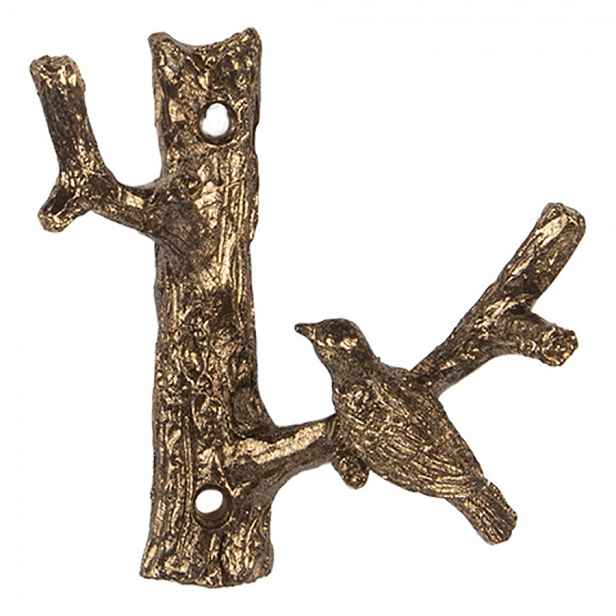 Zlatý antik nástěnný kovový věšák s ptáčkem - 9*5*9 cm Clayre & Eef