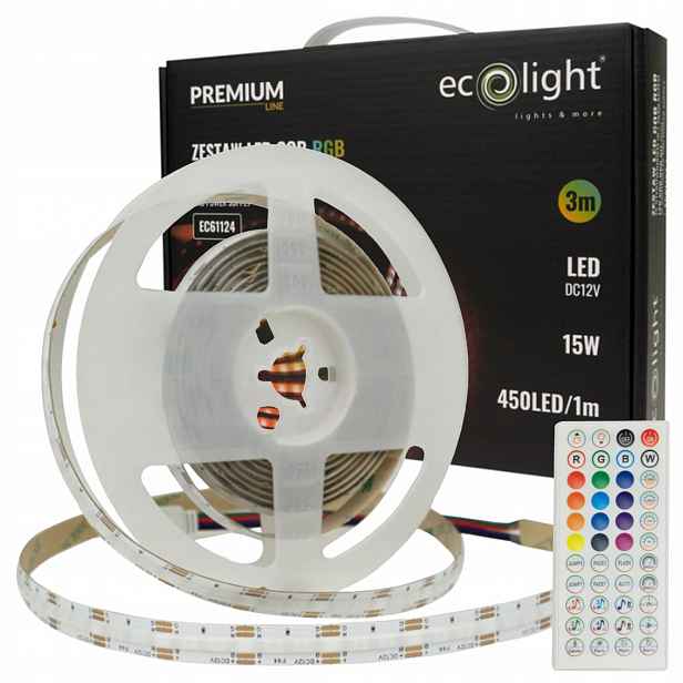Sada Led pásek Cob 15W/m 12V Rgb IP20 Role 3 m napájecí adaptér Dálkový Ovladač