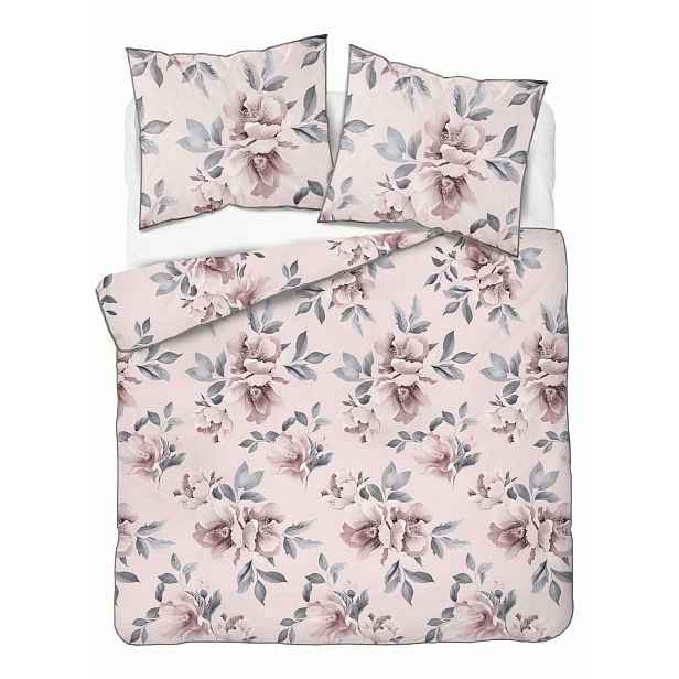 Povlečení z perkálu Lamé Percale 160x200 růžové, velké květy, ozdobný lem