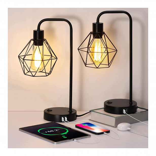 Stolní lampy, sada 2 stolních lamp, Usb noční lampičky s zásuvkou, černé