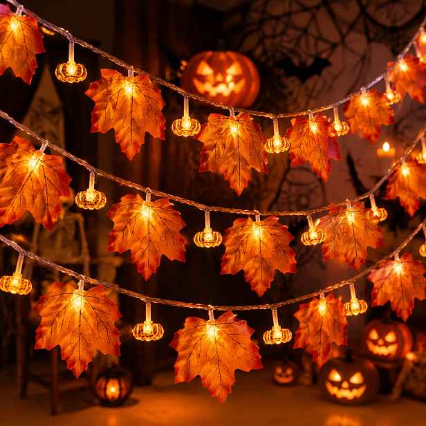 TEMU Díkůvzdání Javorový List Dýně Řetězová Světla, Podzimní Sklizeň Závěsná Dekorační Světla, Halloween Dýňová Řetězová Světla, Teplá Žárovka LED