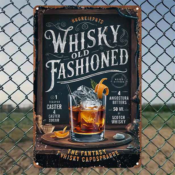 TEMU 2D Plochý, [2D Plochý] Vintage Whiskey Recept Kovový Znak - Rustikální Hliníková Nástěnná Dekorace s Průvodcem Staromódního , Ideální pro Domácí