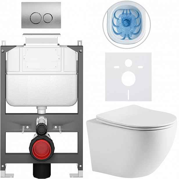 Kompletní WC set Basic/Cesso - bílá matná - WC tlačítko Dualo/Stříbrná - ovládání shora - předstěnová instalace - 49x36 cm - 8050BD86250