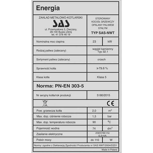 Samolepicí Jmenovka Kotel Kamna Sas Nwt 23 kW Gravírování