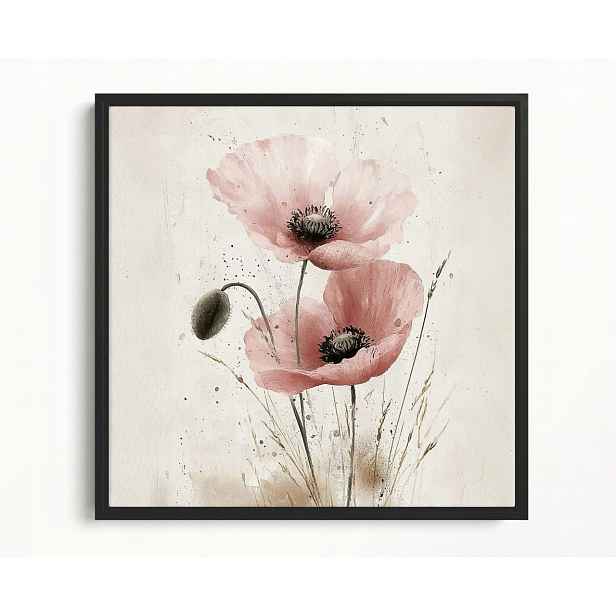 Obraz Rám Americký Box Akvarel Zahrada Květiny Růžový Mák Scandi Boho 50x50