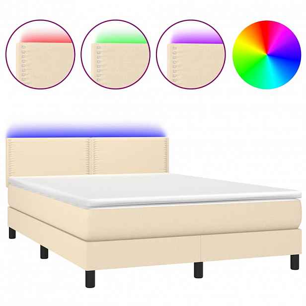 vidaXL Box spring postel s matrací a LED krémová 140x190 cm textil
