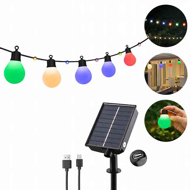 Zahradní solární Led girlanda Rgb G40 10 m 100 diod IP65 Usb terasa