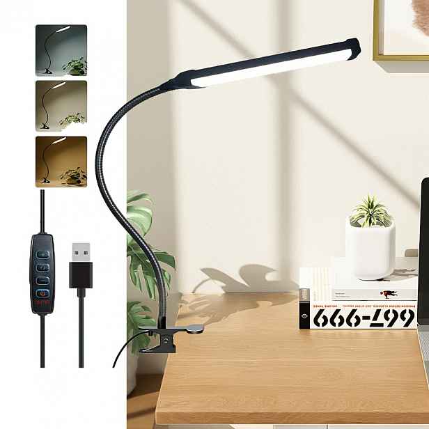 TEMU 1ks LED stolní lampa, USB svítilna na čtení s , tříbarevně nastavitelná, 360stupňová kovová hadice volného ohybu, doplňkové osvětlení se sponou,
