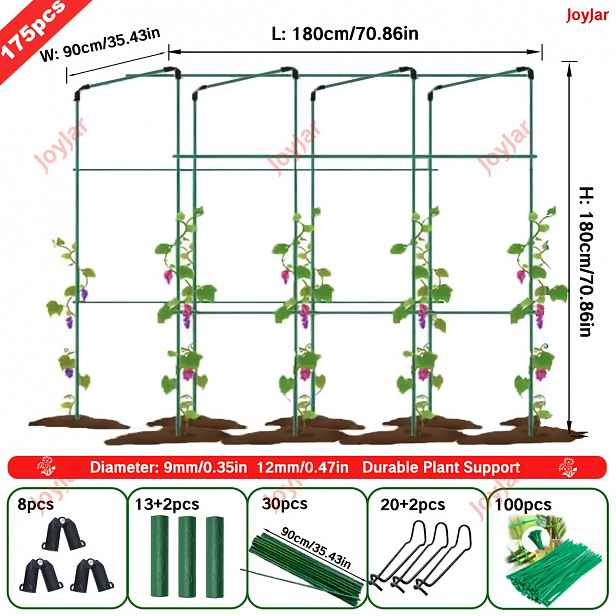 TEMU 175 ks Extra silný kovový podpůrný rám / 12 mm průměr, obsahuje 30 ,62 palcové tyče, 45 doplňků, 100 stahovacích pásků, praktický stojan, volně