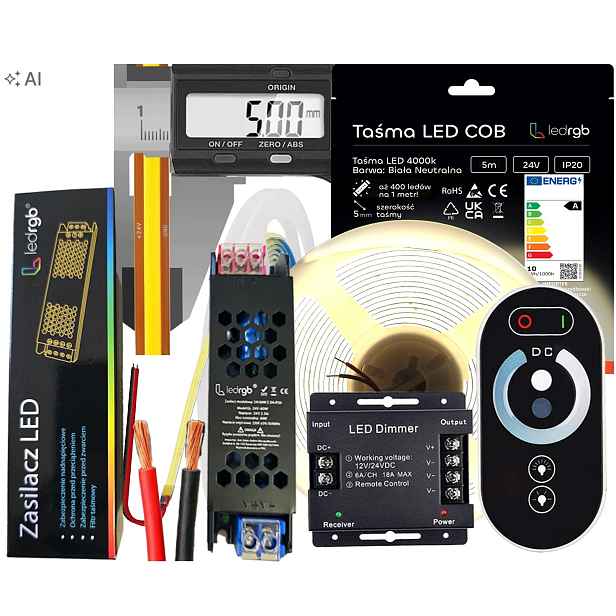 Set Led pásek Neon Cob 24V 5 m 4000K Bílý Neutral Ultra Tenký 5MM Dálkový Ovladač