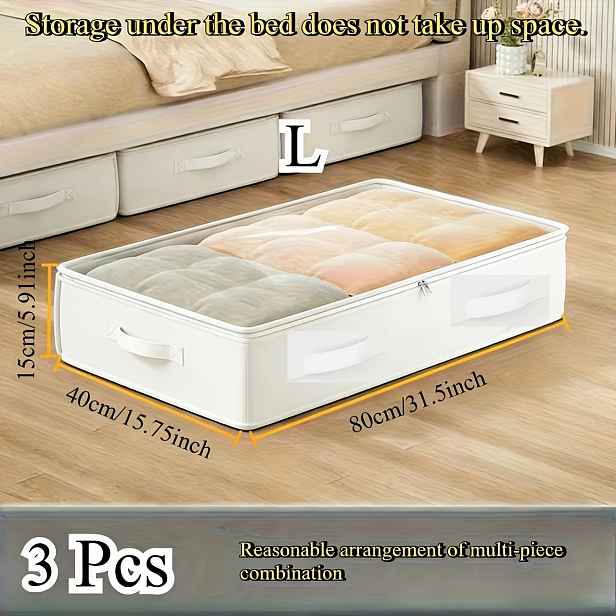 TEMU 3ks Sada Bílých Skládacích Úložných Boxů se Zipovými Víky — Extra Silné a Odolné, Vhodné pro Organizaci Pod Postelí ve Skříni. Úsporné