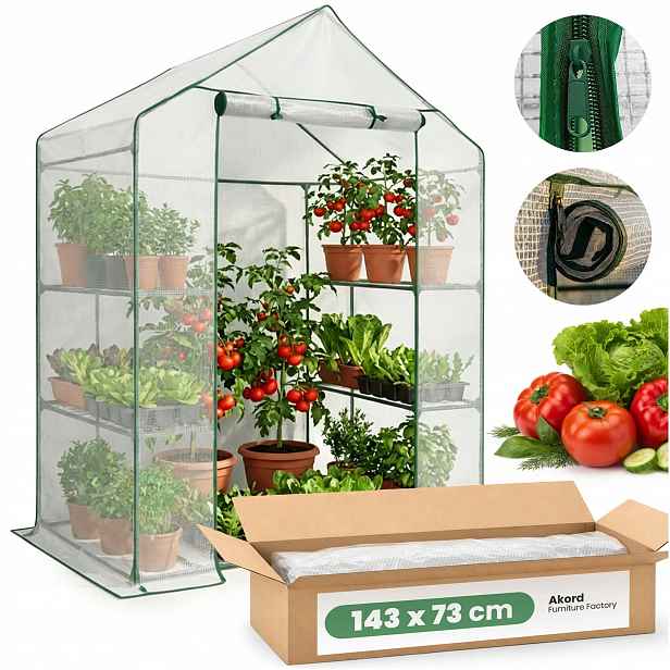 Mini zahradní skleník fóliový domek s policemi 1D bílý 143x73x195 Akd