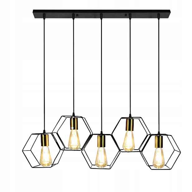 Stropní Lišta 5 Lamp Černá Kovová Závěsná Lampa Hexagon Pětibodová E27