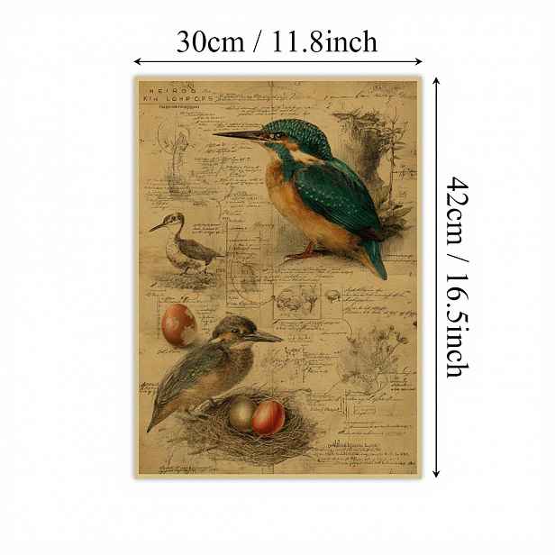 TEMU 2D plochý, 2D plochý, 1 ks plakát z kraftového papíru s vintage ptáků, vajec v hnídu, přírodní skici a botanické umění pro domácí dekoraci.