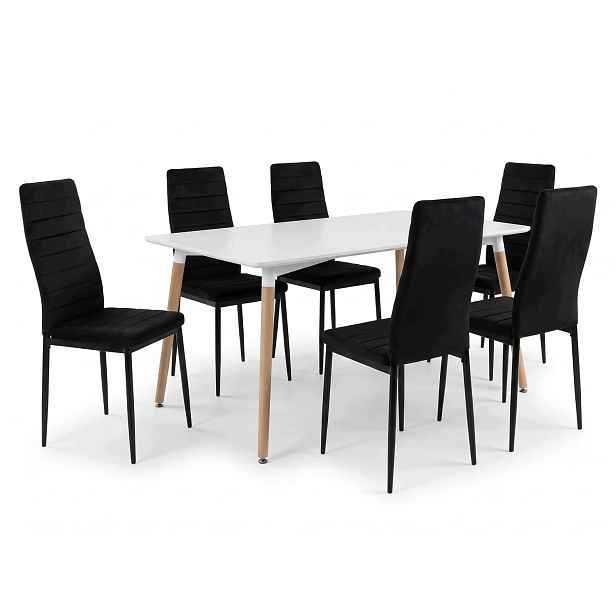 Jídelní stůl 120x80 cm bílý s bukovými nohami 6 černých sametových židlí Axell