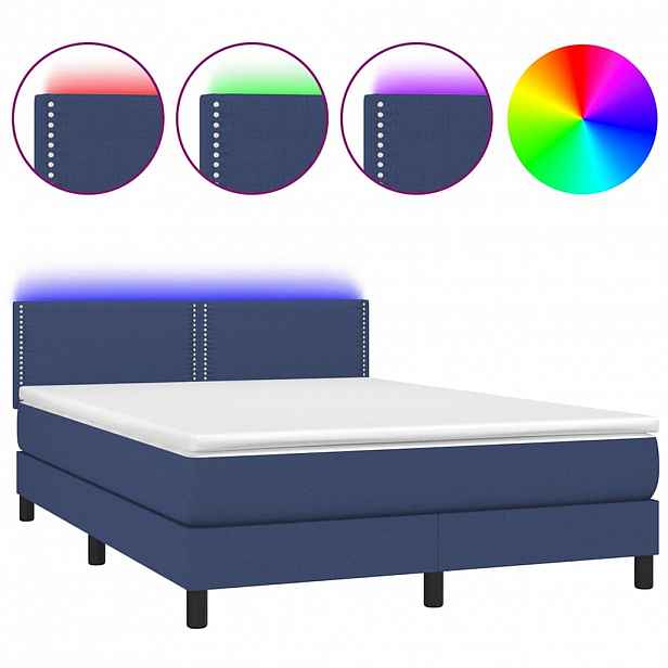 vidaXL Box spring postel s matrací a LED modrá 140x200 cm textil