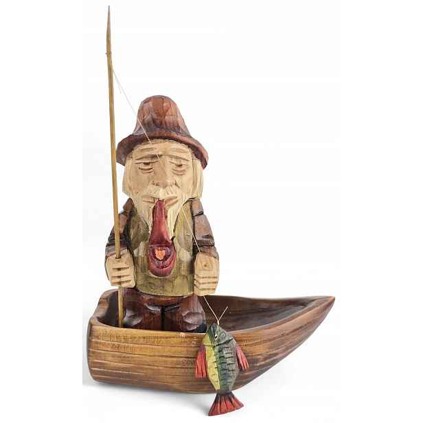 Dřevěná figurka Rybář Ručně vyřezávaná dekorace Malovaná ozdoba 18 cm
