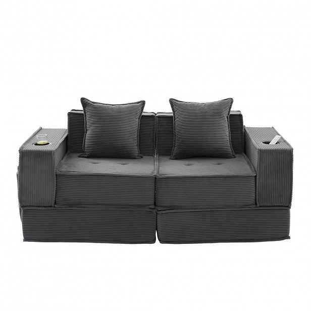 OKWISH PUFOVÉ sofa 162/78/66 cm tmavě šedá z manšestru s bočními kapsami a dvěma polštáři