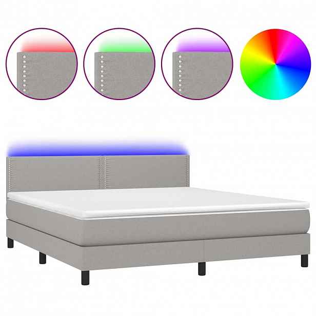 vidaXL Box spring postel s matrací a LED světle šedá 180x200 cm textil