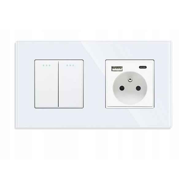 Klasický Dvojitý Vypínač 2K Schodišťový Skleněná Zásuvka Usb A+c Qc 20W