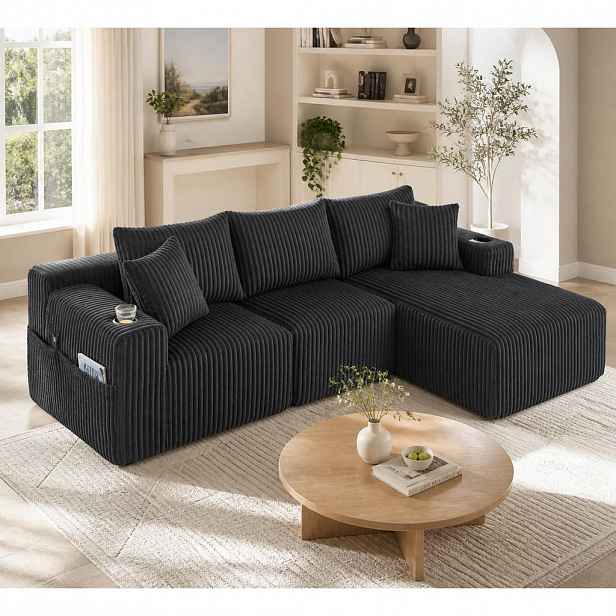 OKWISH MODULÁRNÍ pohovka 257/90-160/62 cm šedá z manšestru s polštáři, kapsami a držáky na nápoje