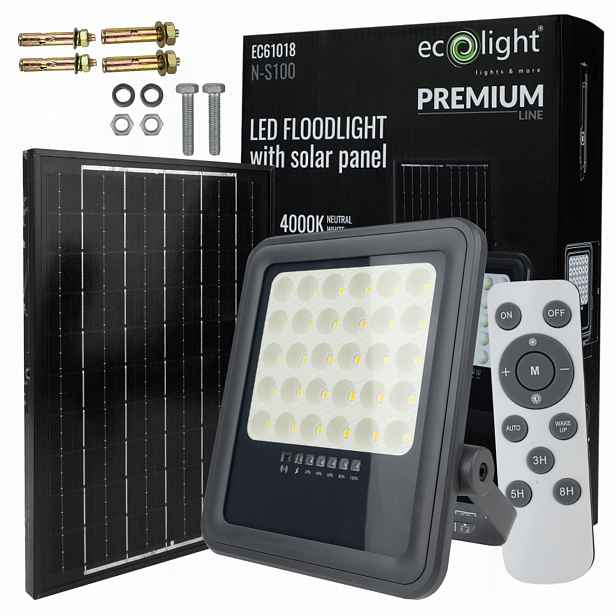 Solární Zářič 100W Led Dálkový Ovladač Montážní Sada Ecolight Neutrální