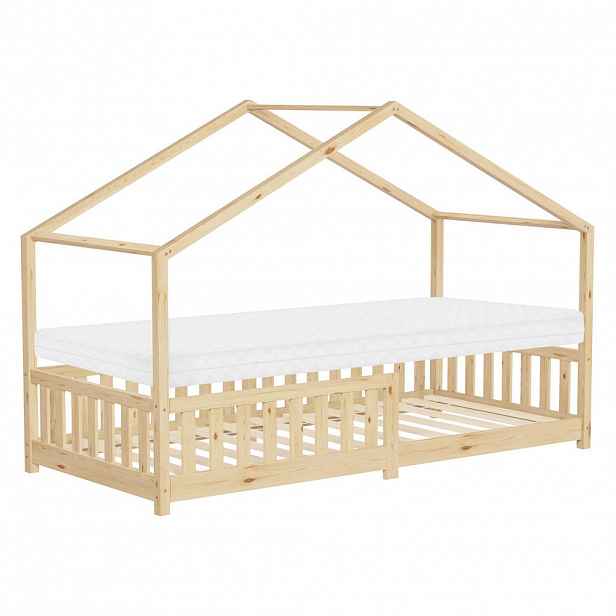 ML-DESIGN POSTEL VE TVARU DOMU s matrací 90 x 200 cm, výška 10 cm, přírodní borovicové dřevo s ochranou proti vypadnutí