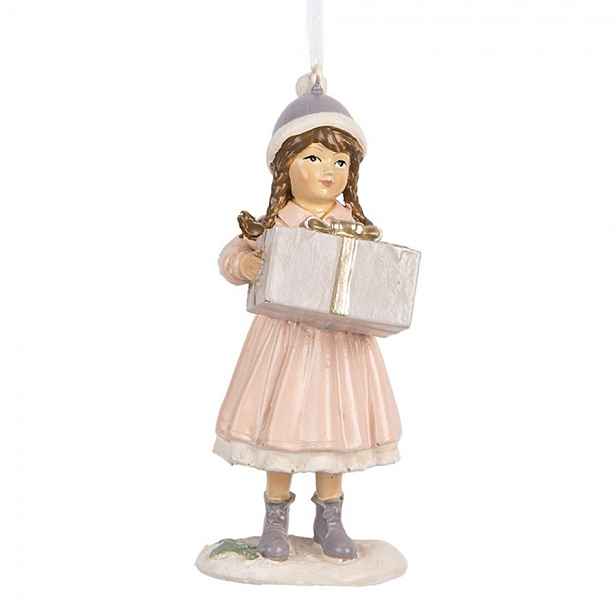 Růžová závěsná dekorace děvčátko držící dárek - 5*5*11 cm Clayre & Eef