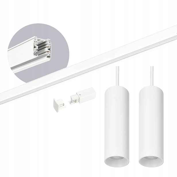 Sada kolejnic 3 fázových kolejnic 2 m, Napájení 2x Závěsná lampa Bílá