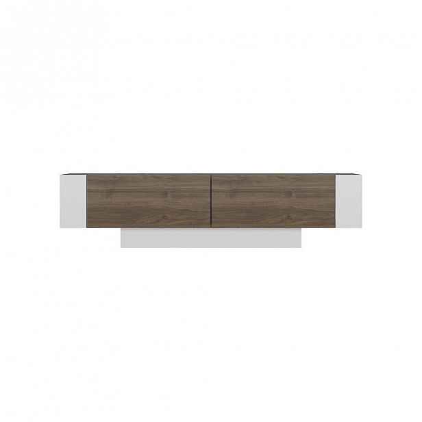 Bílý TV stolek s detaily v dekoru ořechového dřeva Matera Walnut White