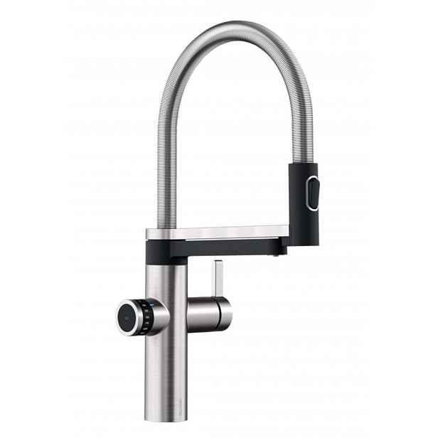 Blanco EVOL-S Pro - Dřezová baterie s flexibilním ramenem, sprškou a filtrační funkcí, ocel/černá 526311