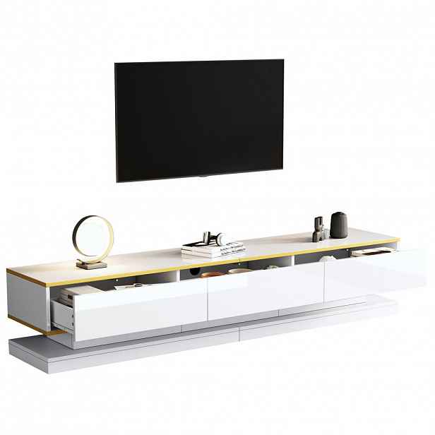 Redom TV stolek 200/40/40 cm s 3 zásuvkami, vysoký lesk, úložný prostor a originální tvar, Bílá
