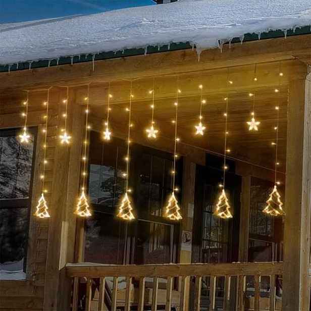 Záclona Vánoční stromky Hvězdičky 138 Led lampy teplé bílé 2 m programátor IP44