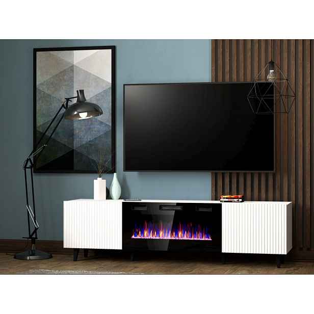 Televizní stolek s elektrickým krbem CRATO - černý / bílý