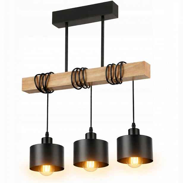 Závěsná stropní lampa černá 3x E27 Moderní Loft Lustr Dřevo dub