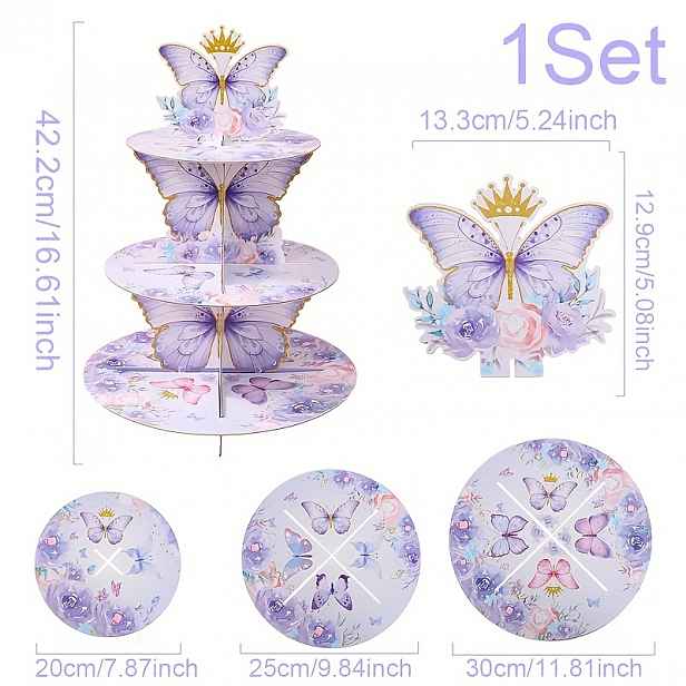 TEMU 1 ks Stojan na dort s motýla (ne pro styk s potravinami), fialový motýlí a květinový 3patrový stojan na dezerty, potřeby pro baby shower,