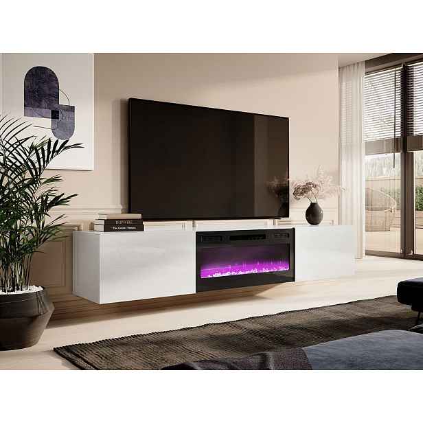 Závěsný TV stolek s elektrickým krbem TOKA - bílý / lesklý bílý