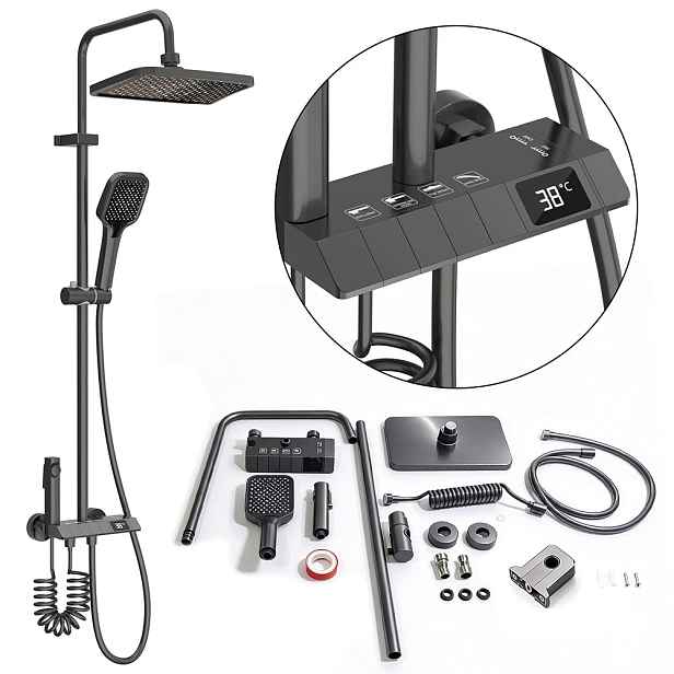 Sprchový Set 5V1 Led Dešťová Sprcha Hydromasáž Černá Podomítková