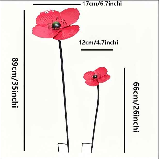 TEMU [3D] 2ks Velký a malý květ. Kovová dekorace zahradního kolíku s červeným mákem, venkovní umělecká ozdoba na dvůr, nerezový železný květinový