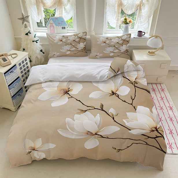 TEMU 3dílná Sada Ložního Prádla s Květinovým Vzorem Beige Magnolia (1Přikrývka + 2Polštářové Povlaky, Bez Výplně) pro Ložnici